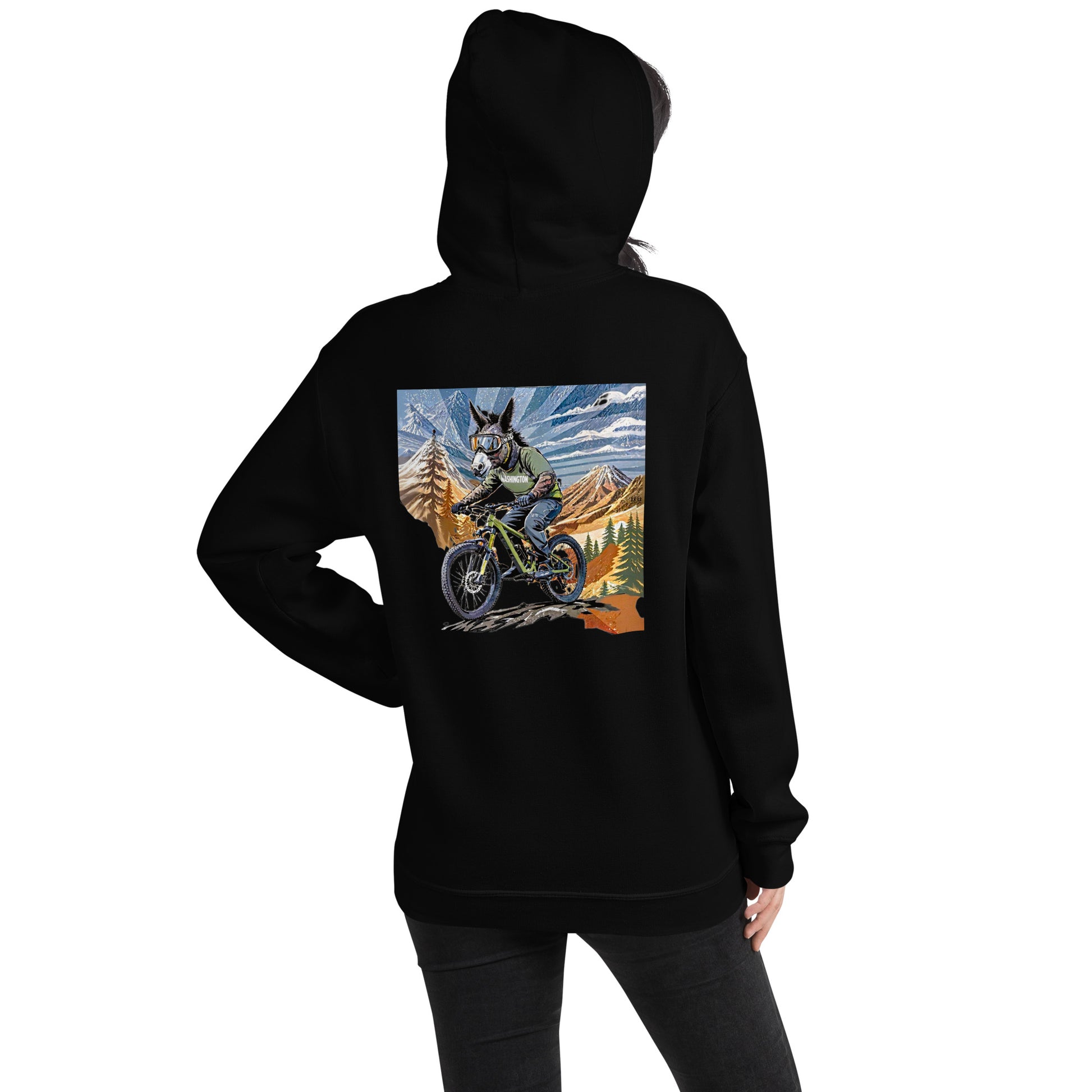 Black hoodie with a colorful graphic on the back, worn by a person.