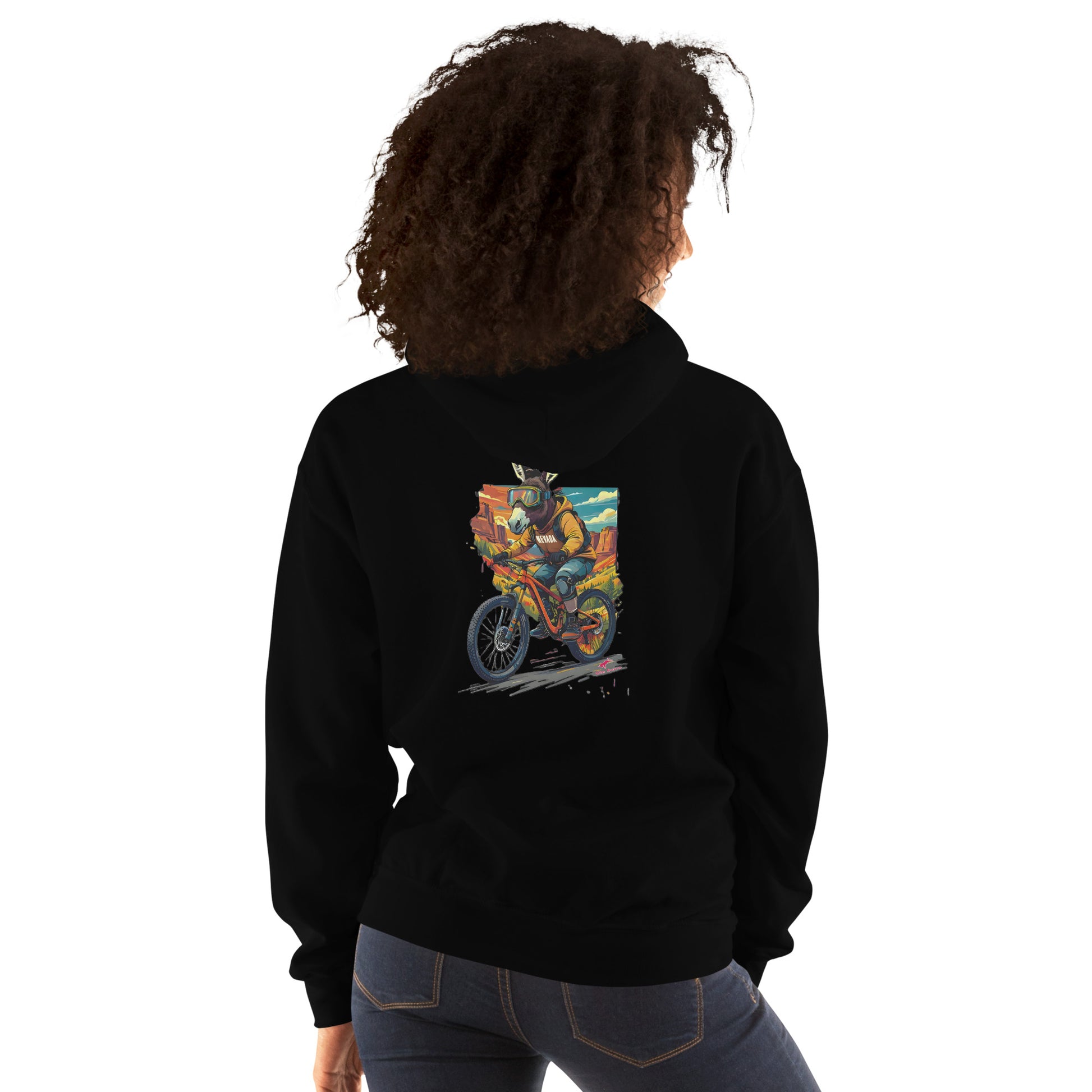 Person wearing a black hoodie with a colorful graphic on the back, standing against a white background
