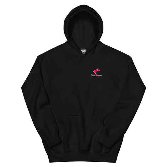 Black hoodie with a pink logo on a white background