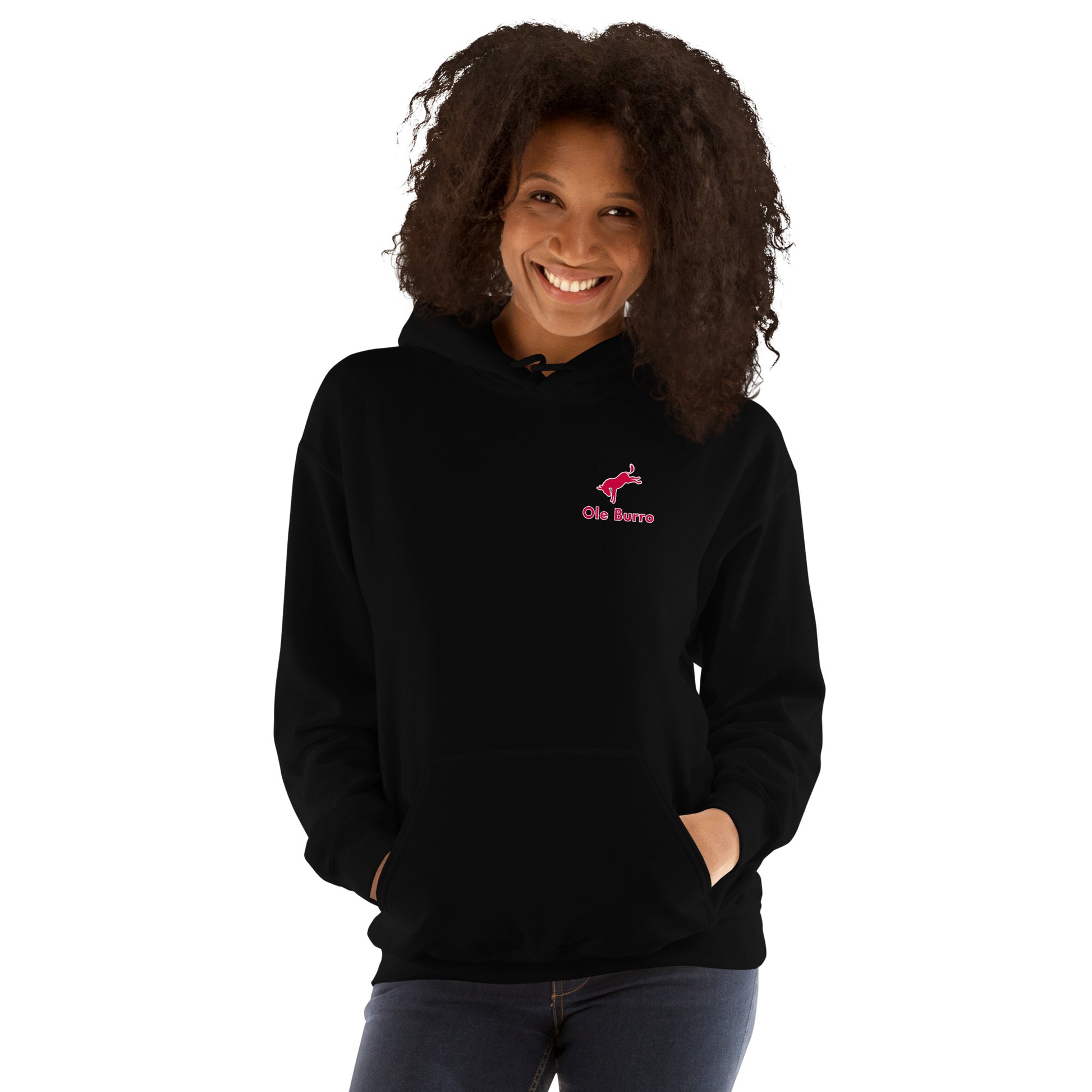 Person wearing a black hoodie with a pink logo on a white background