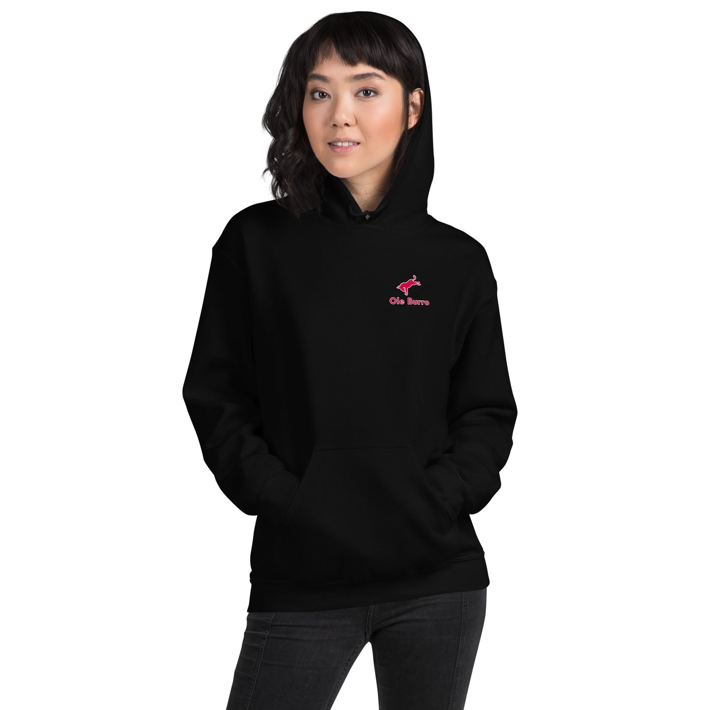 Person wearing a black hoodie with a pink logo on a white background