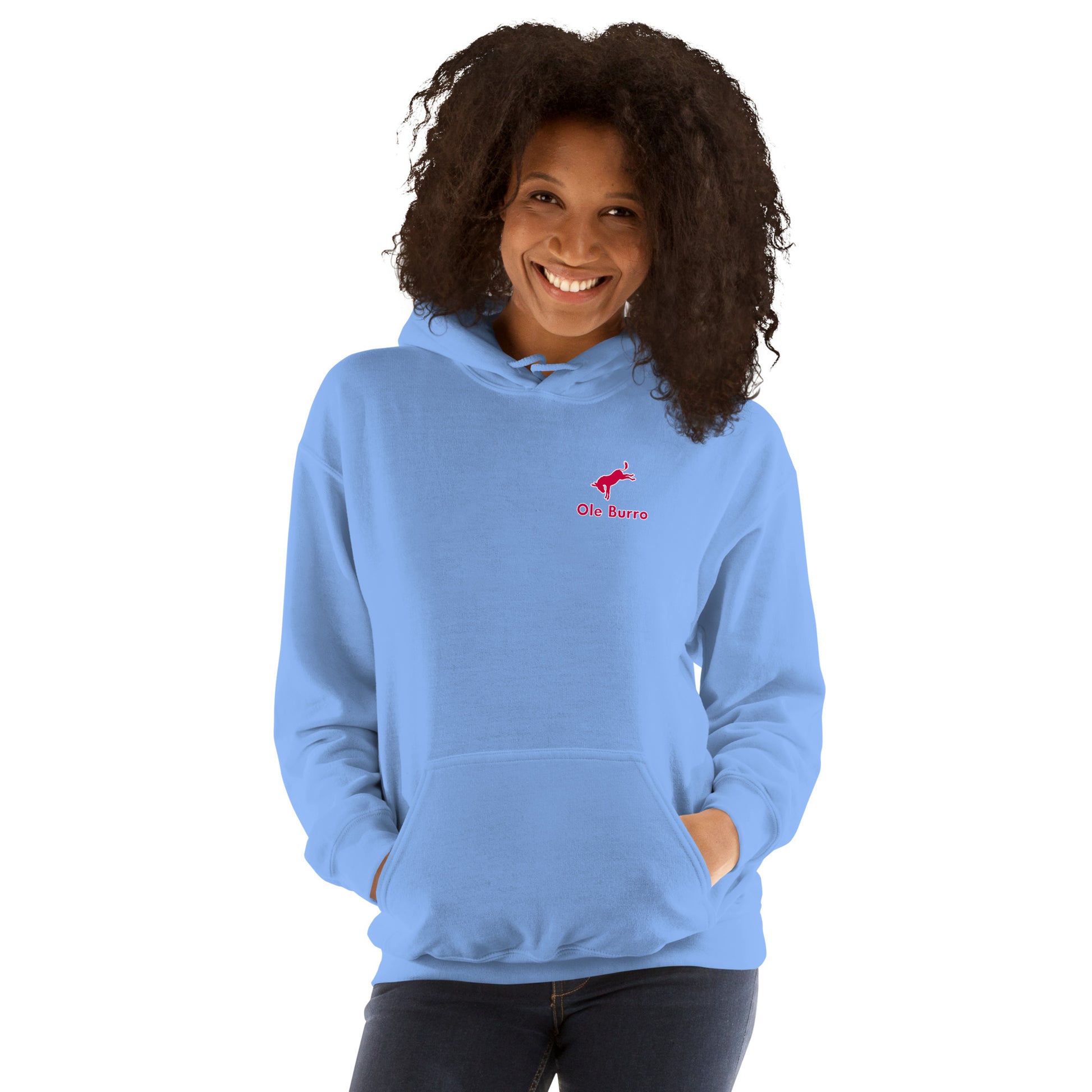 Person wearing a blue hoodie with a logo on a white background