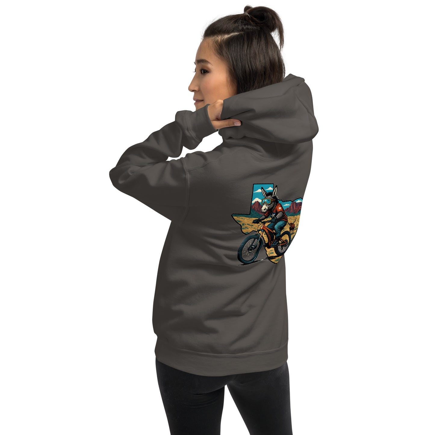 Person wearing a gray hoodie with a colorful graphic on the back against a white background