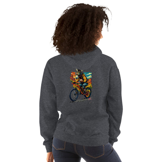 Person wearing a dark gray hoodie with a colorful graphic on the back, standing against a white background.