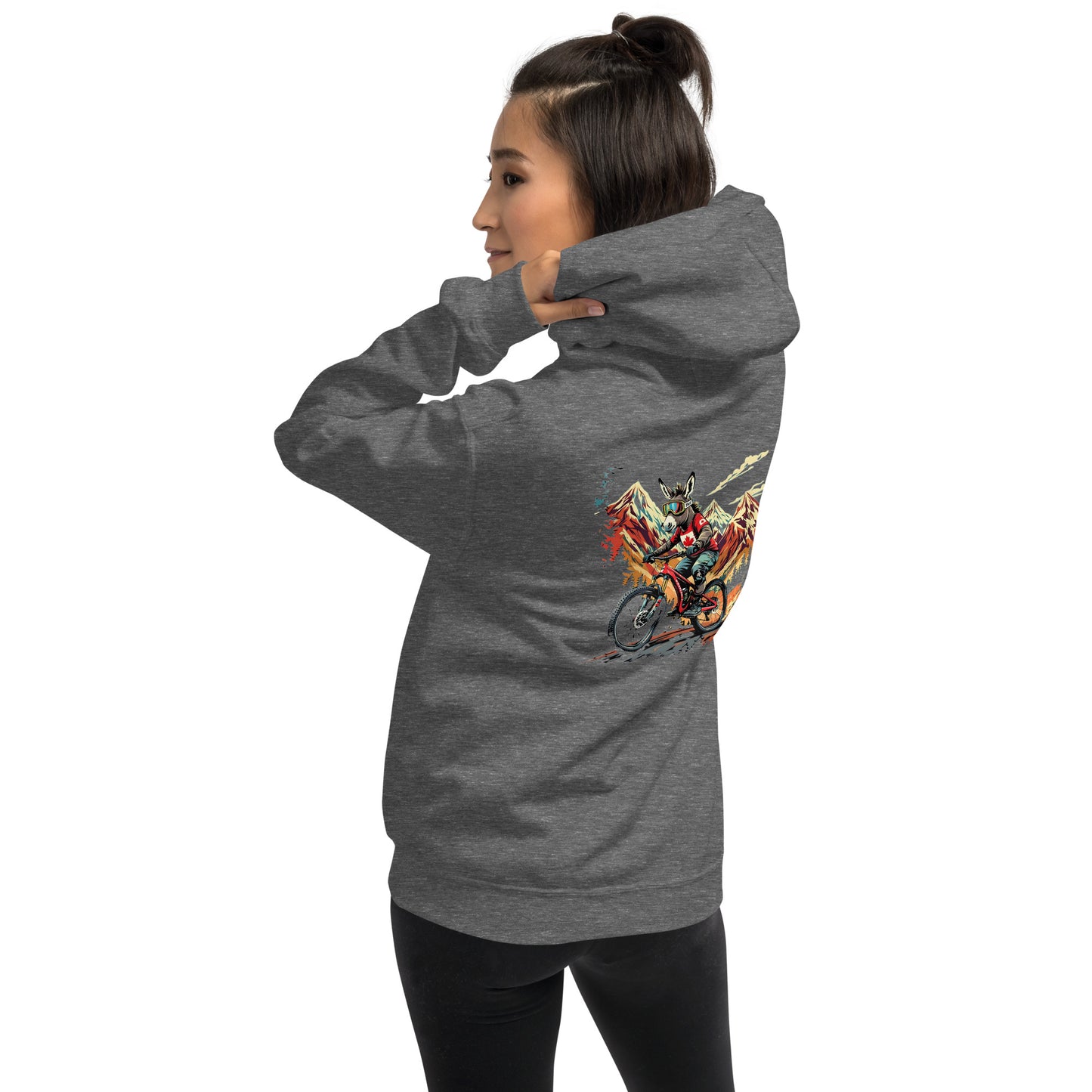 Person wearing a gray hoodie with a colorful graphic on the back against a white background