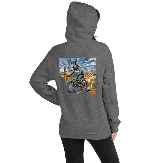 Gray hoodie with a colorful graphic of a person on a mountain bike and dog in a mountainous landscape.