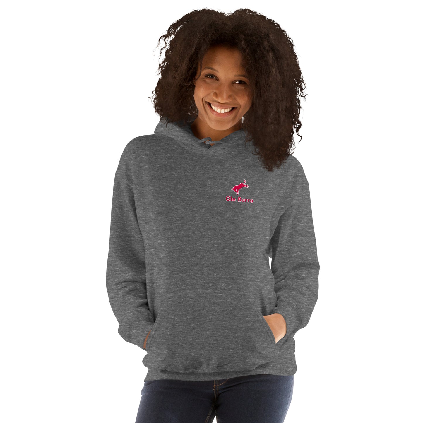 Person wearing a gray hoodie with a pink logo on a white background