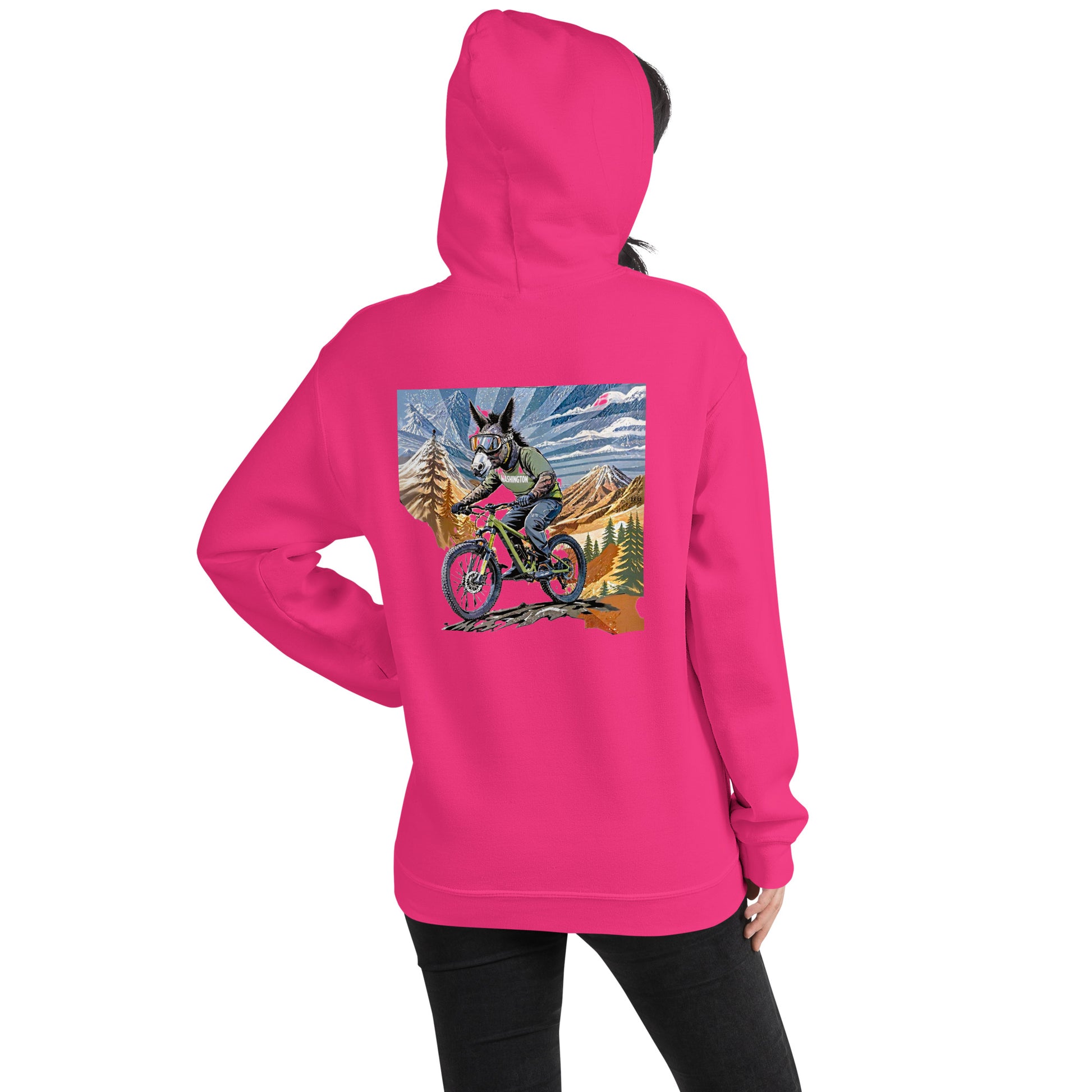 Pink hoodie with a graphic of a dog riding a bike on the back, displayed on a white background.
