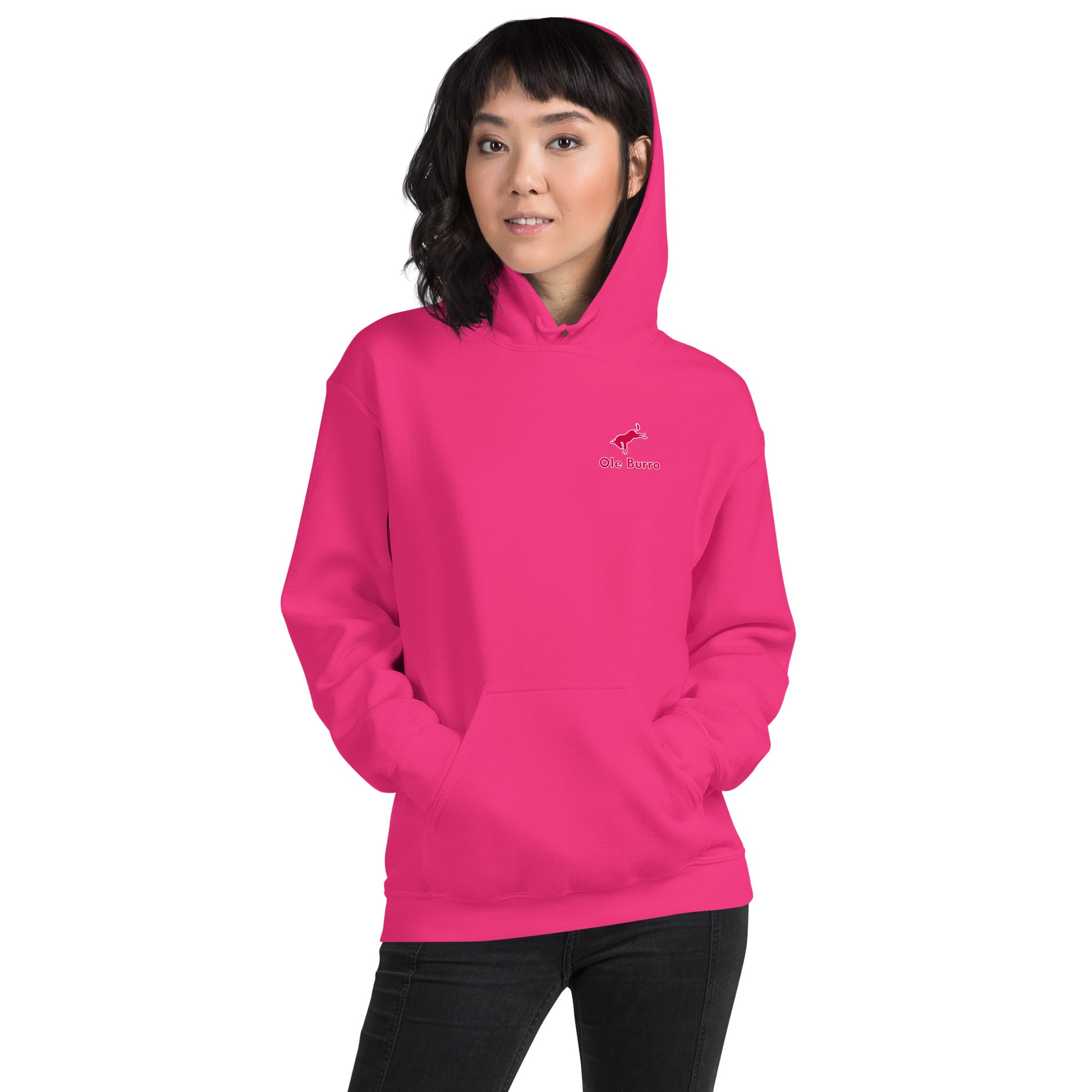 Person wearing a pink hoodie with a logo on a white background
