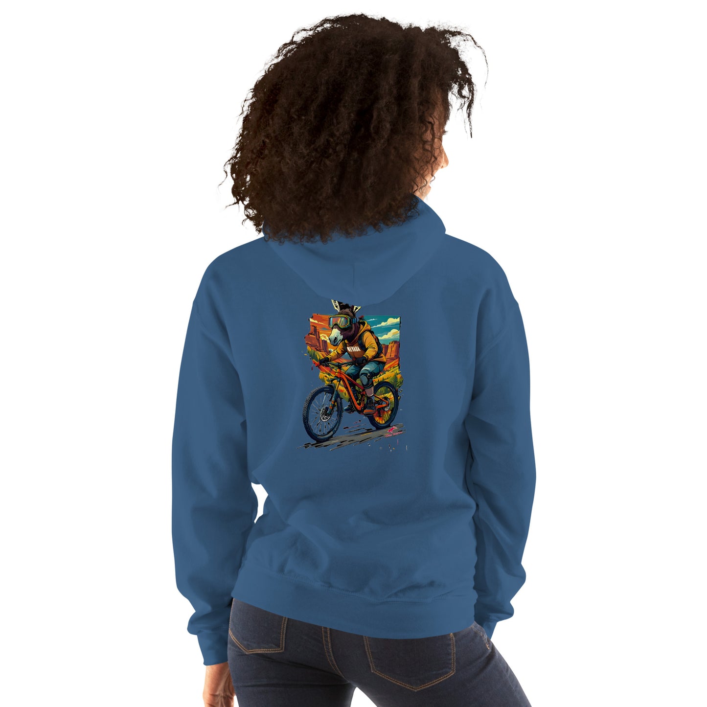 Person wearing a blue hoodie with a colorful graphic on the back, standing against a white background