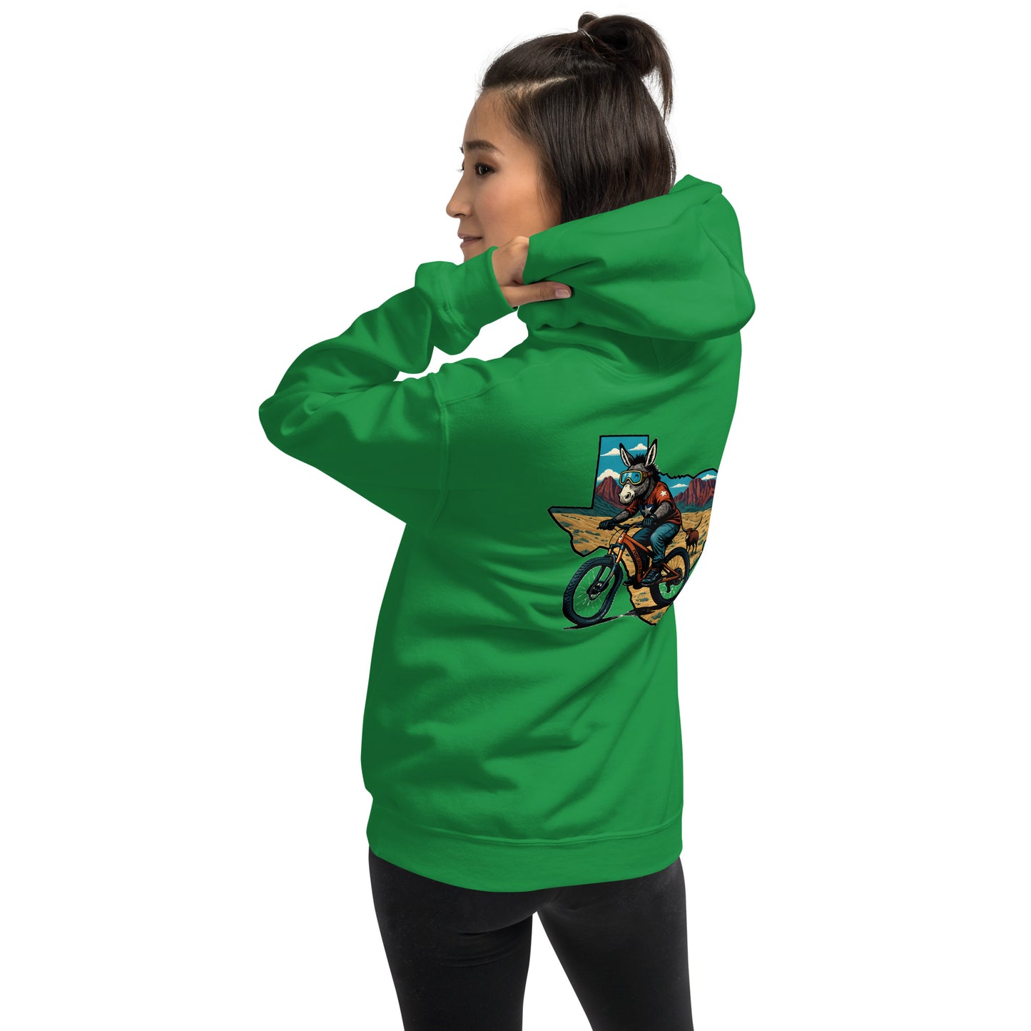 Person wearing a green hoodie with a graphic design on the back against a white background