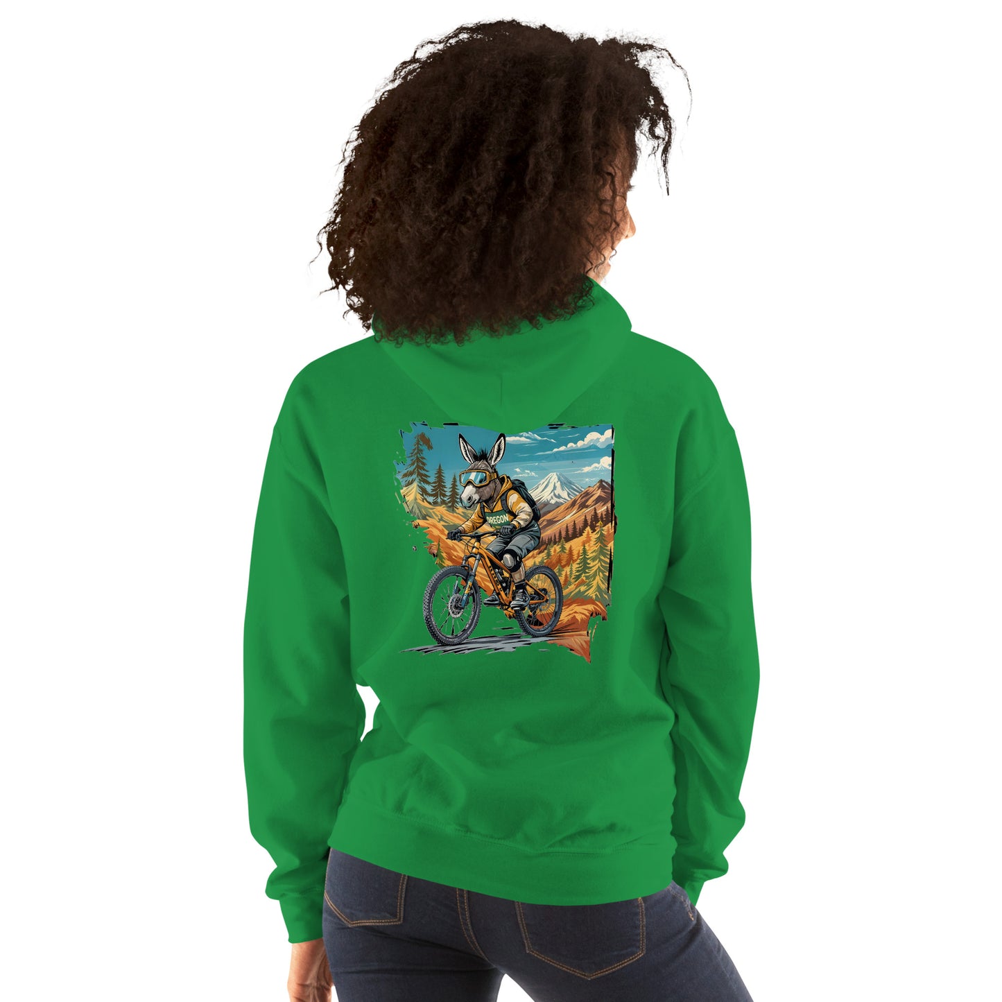 Person wearing a green hoodie with a colorful graphic on the back, standing against a white background