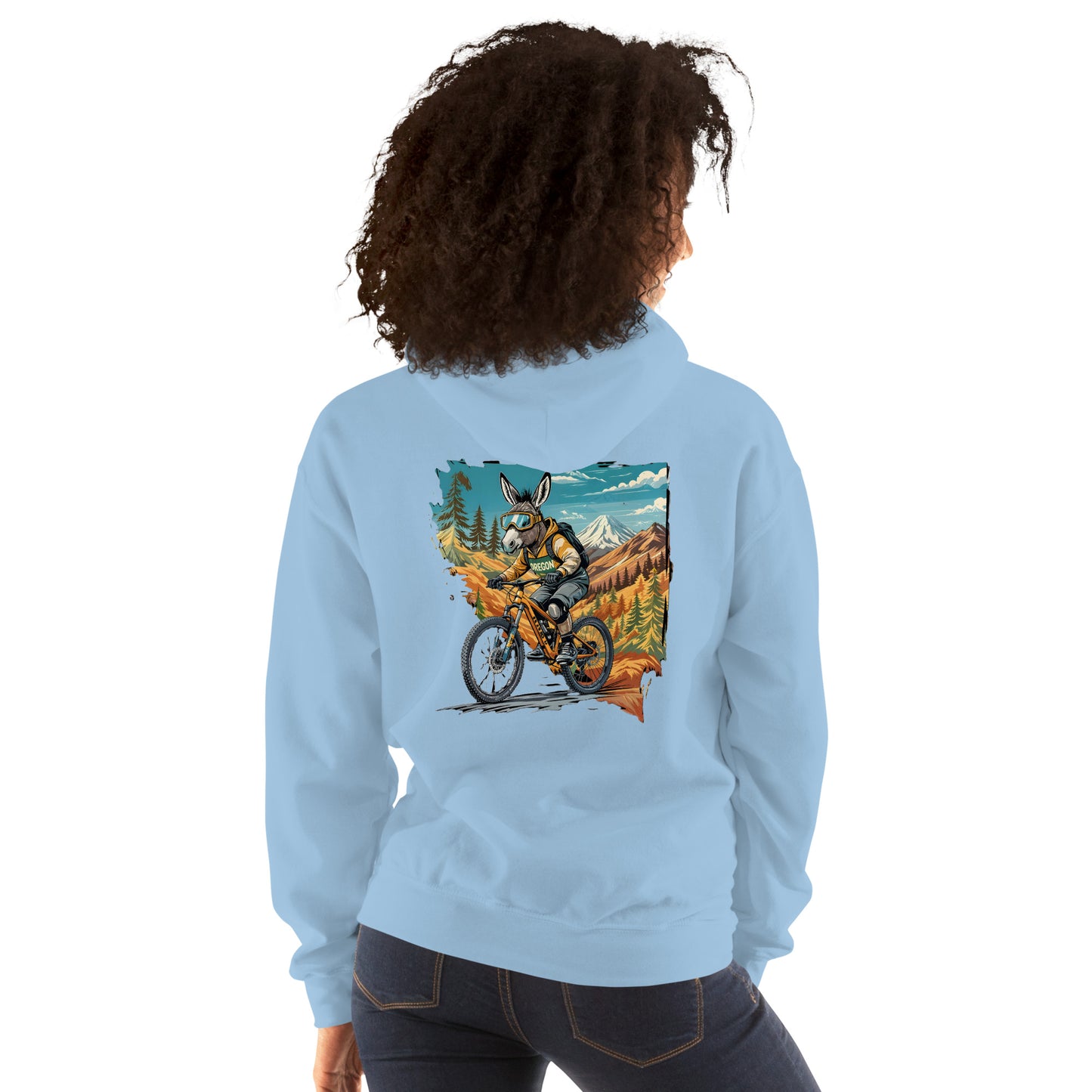 Light blue sweatshirt with a graphic of a person on a mountain bike in a scenic setting on the back.