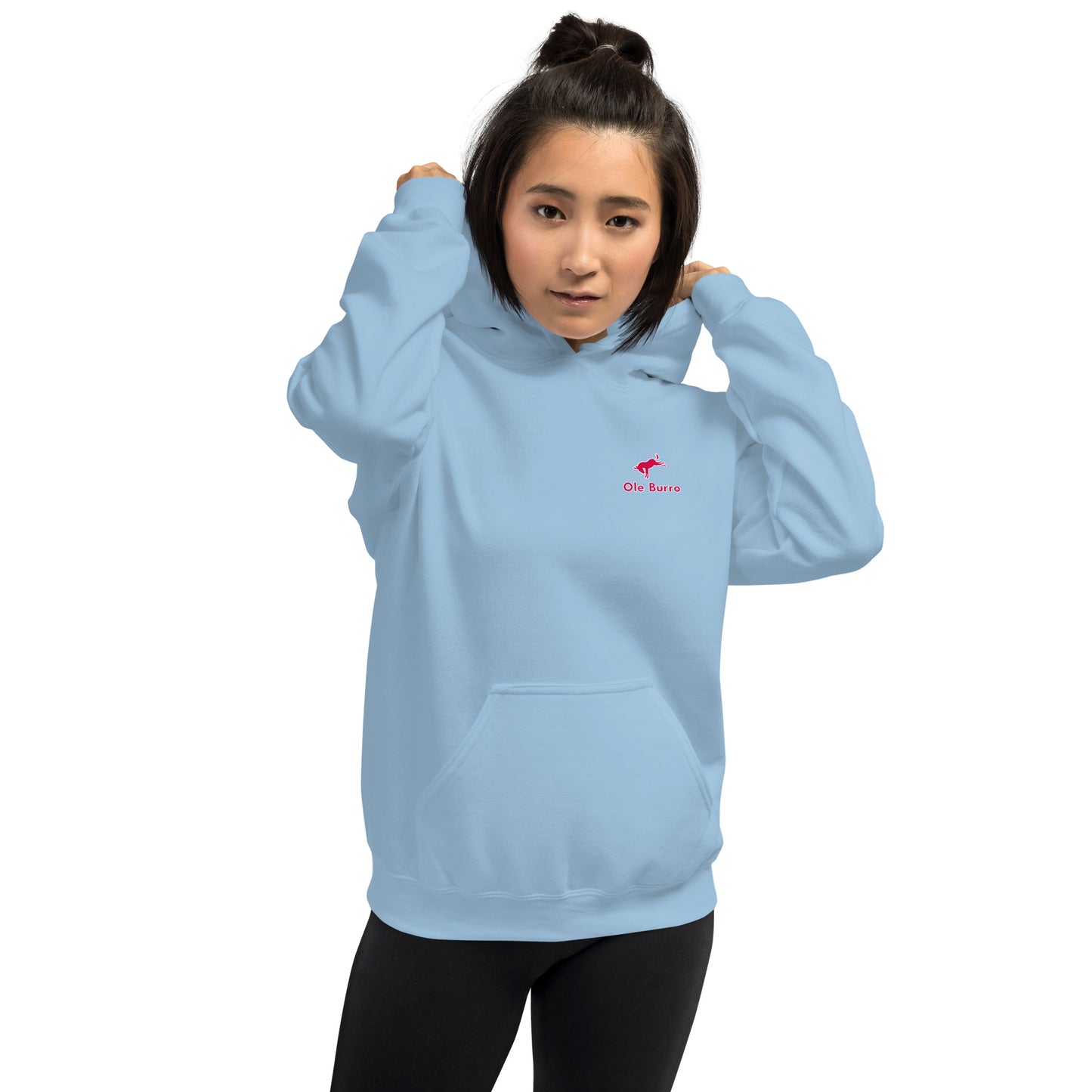 Person wearing a light blue hoodie with a red logo on a white background