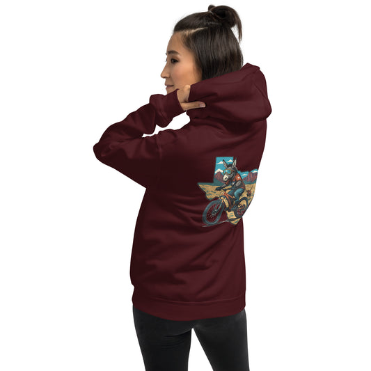 Person wearing a maroon hoodie with a graphic design on the back against a white background