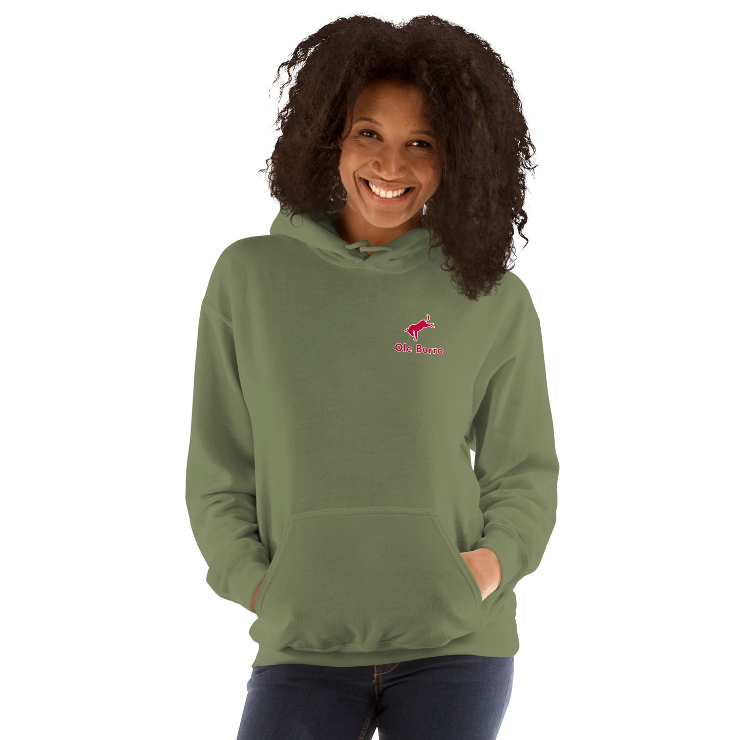 Person wearing a green hoodie with a logo on a white background