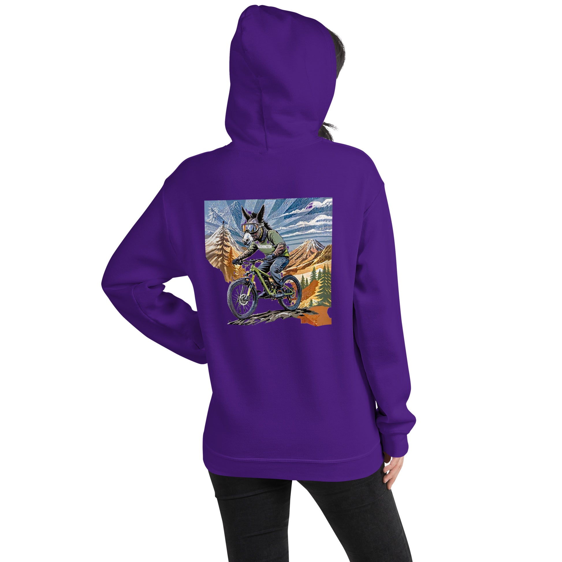 Purple hoodie with a graphic of a donkey riding a bike on the back, on a white background