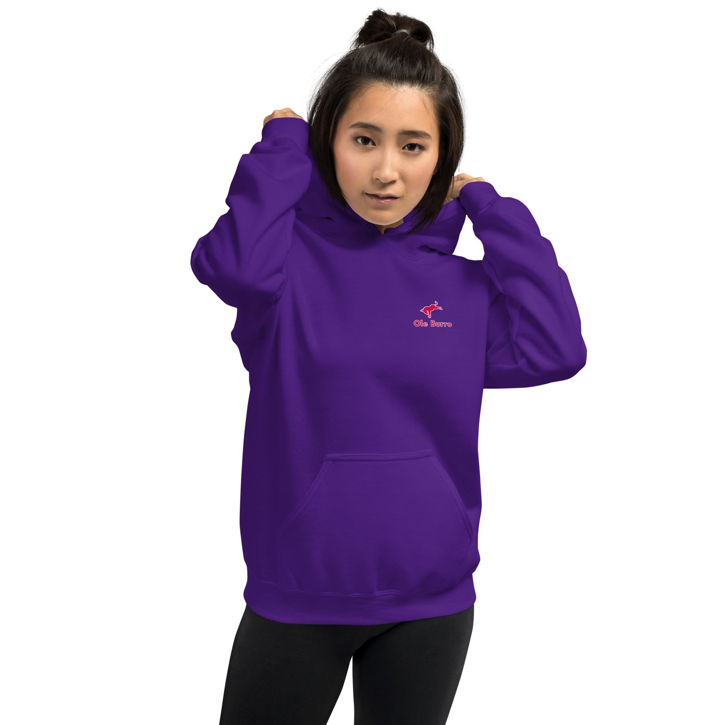 Person wearing a purple hoodie with a logo on a white background
