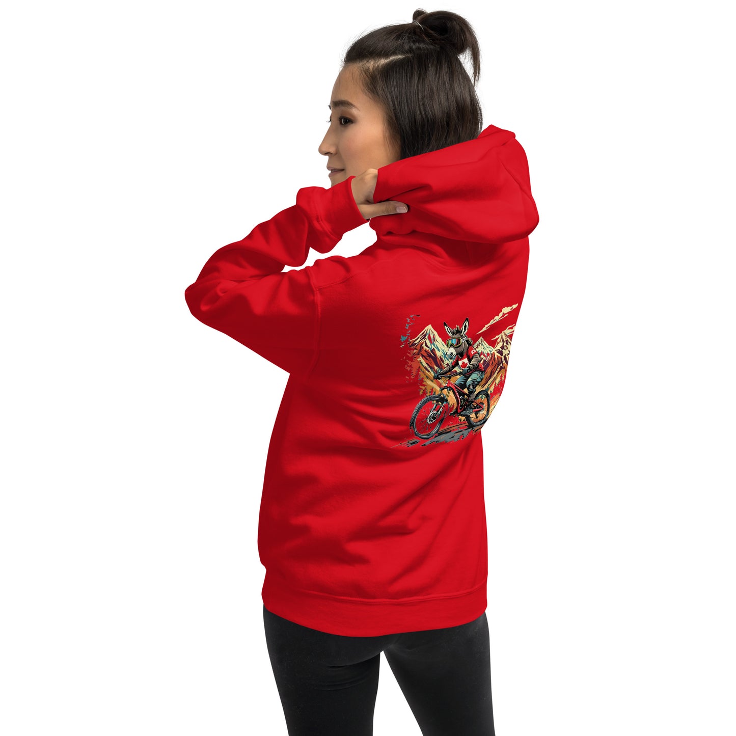 Person wearing a red hoodie with a graphic design on the back against a white background