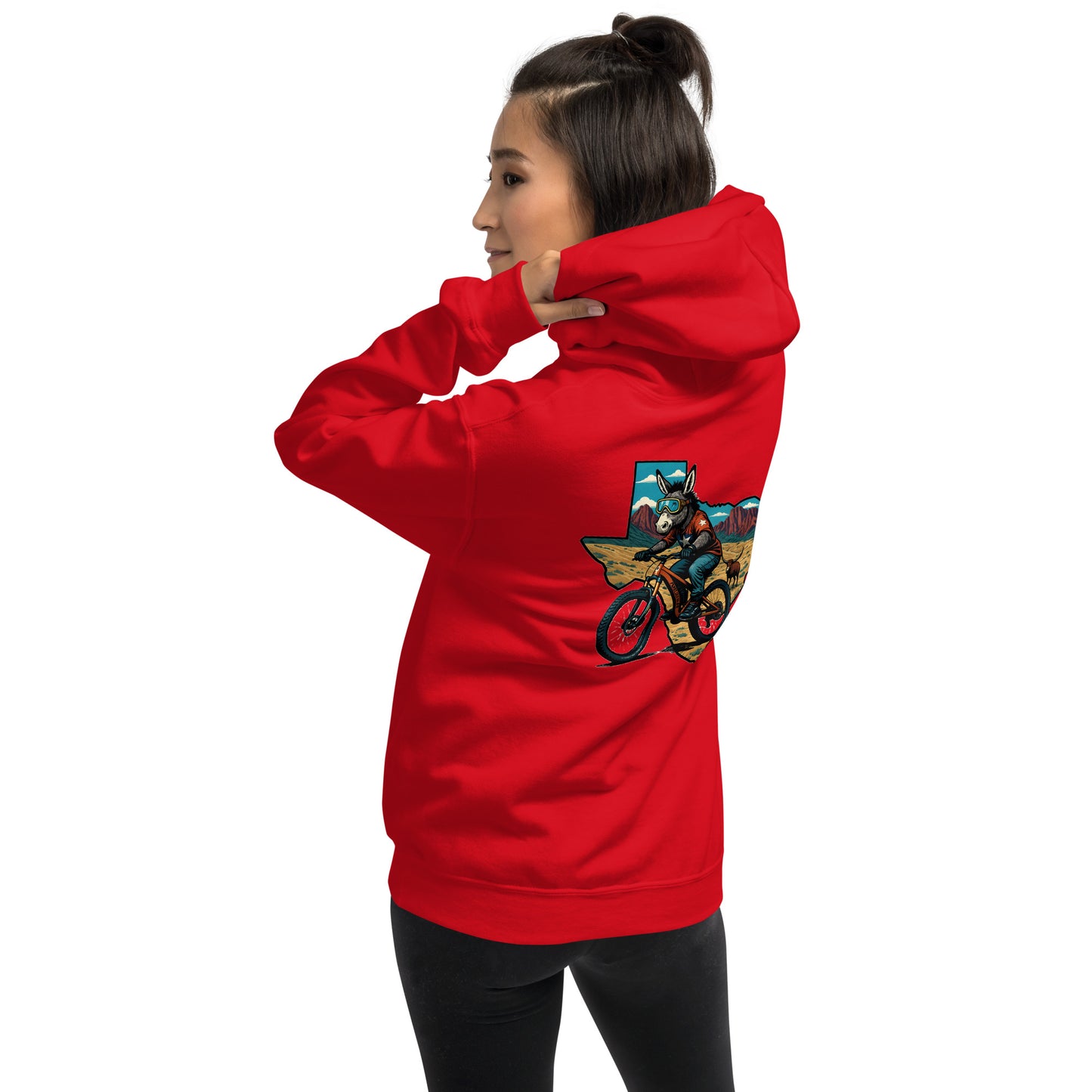 Person wearing a red hoodie with a graphic design on the back against a white background