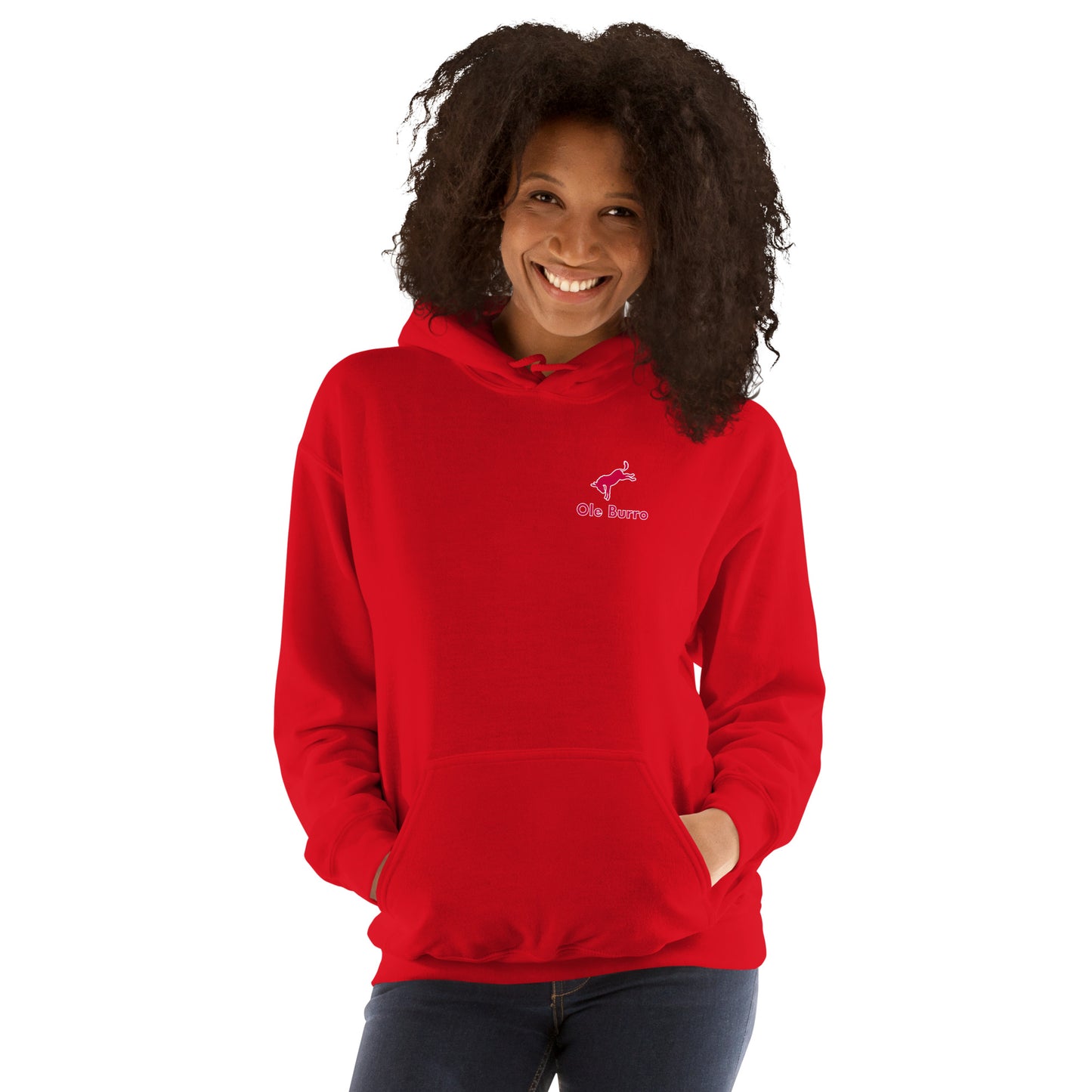 Person wearing a red hoodie with a logo on a white background
