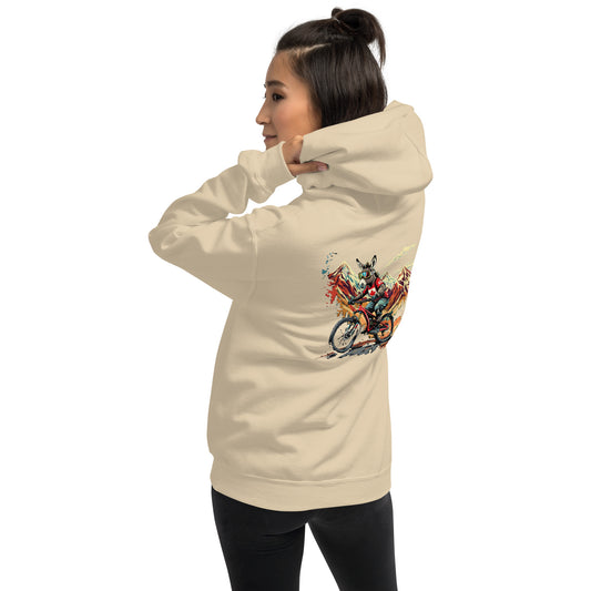Beige hoodie with a colorful graphic on the chest worn by a person against a white background