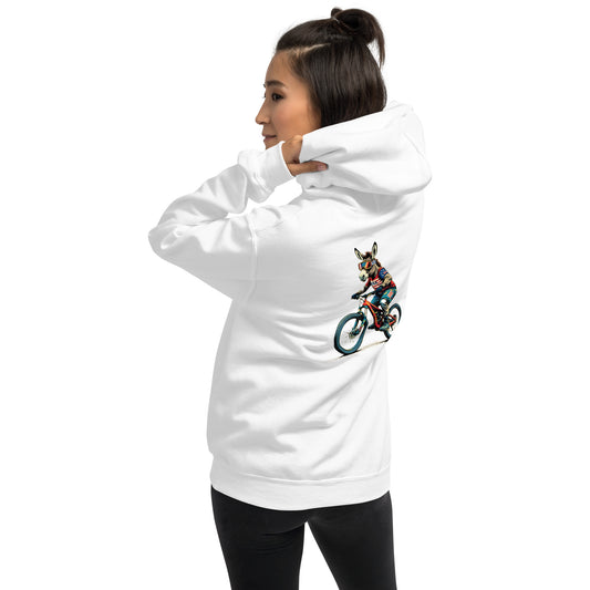 Person wearing a white hoodie with a graphic design on the chest against a white background