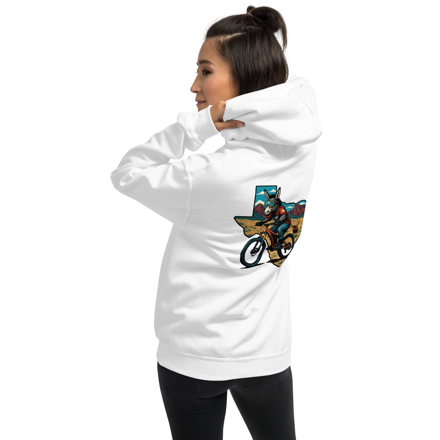 White hoodie with a graphic design on the back worn by a person