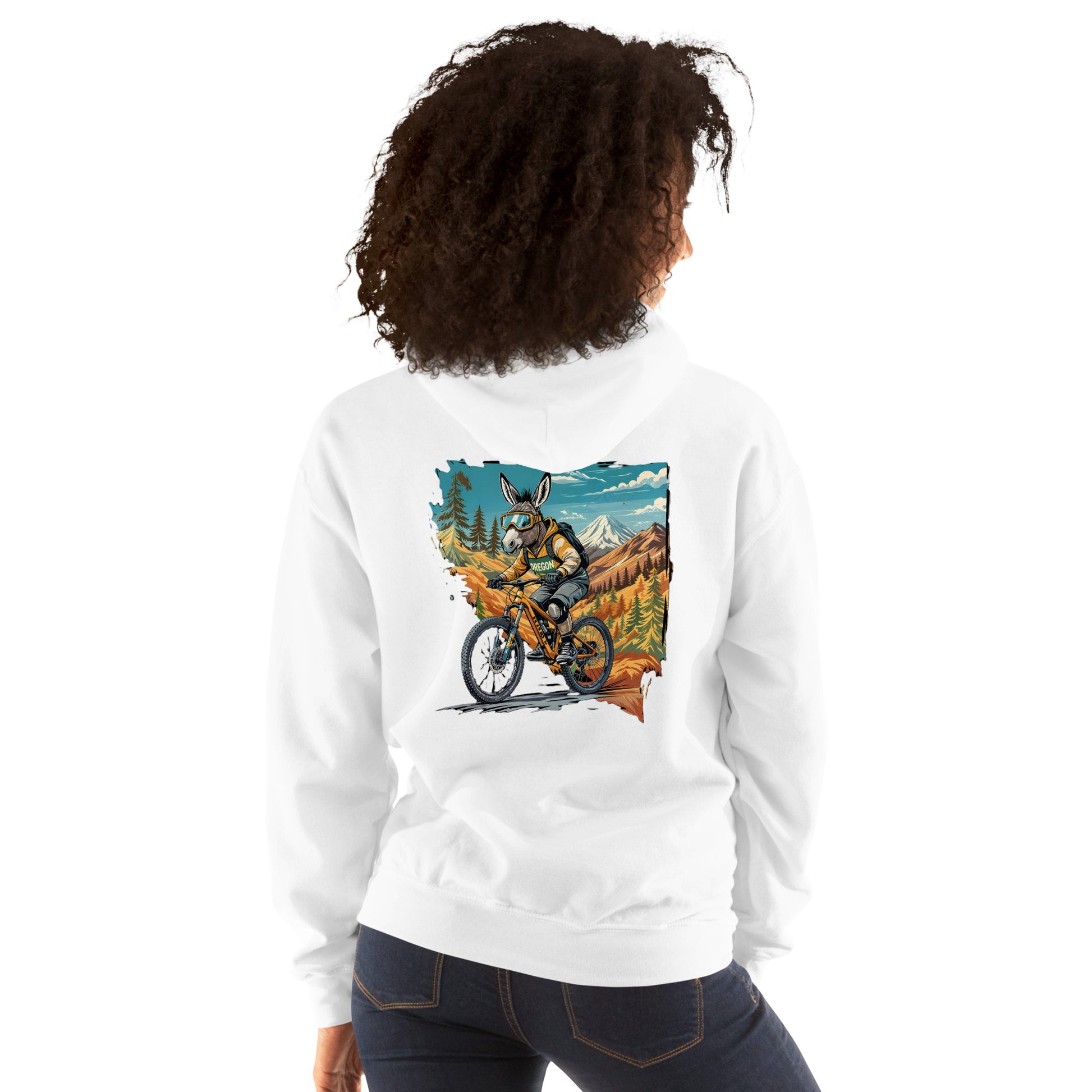 Person wearing a white sweatshirt with a colorful graphic on the back, standing against a white background