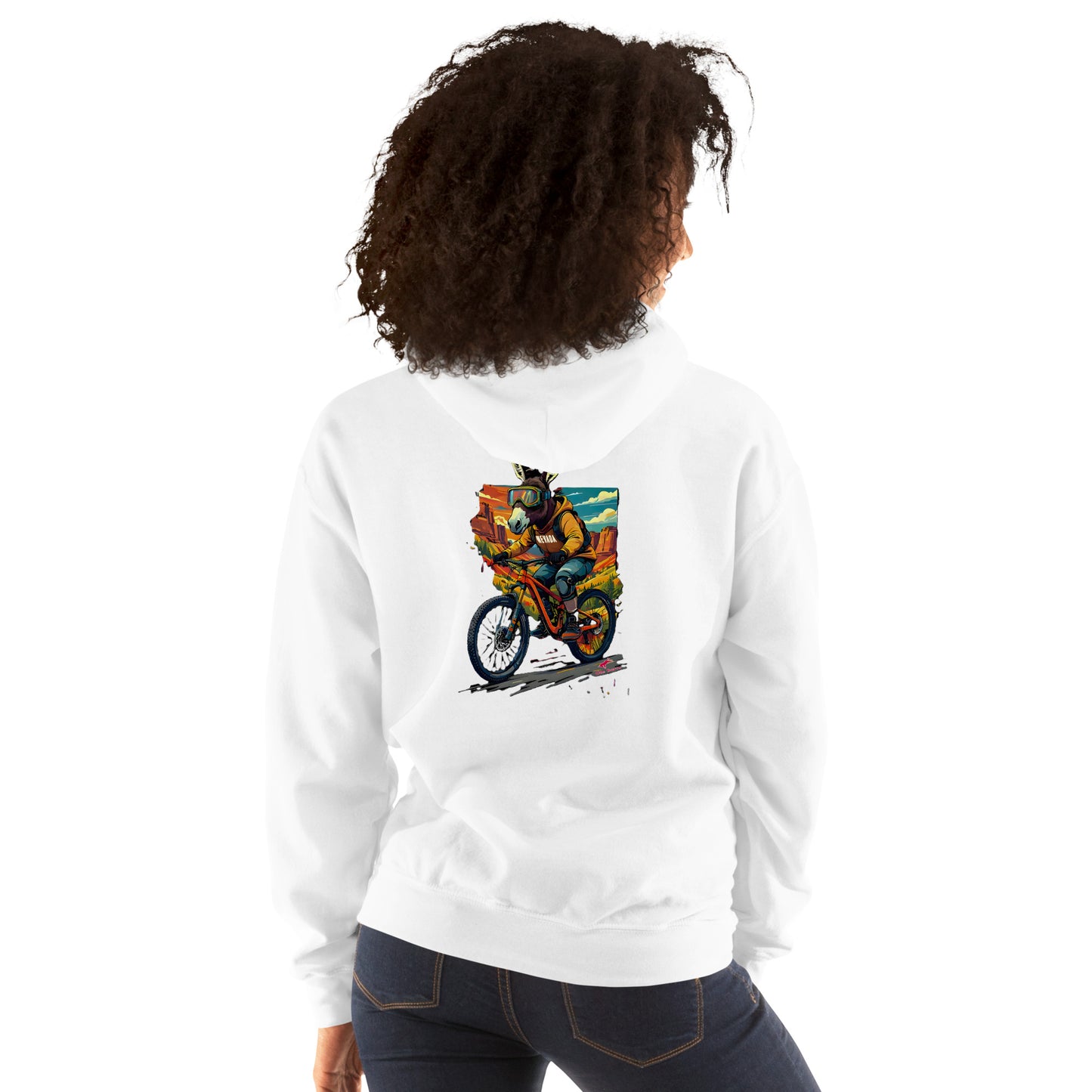 Person wearing a white hoodie with a colorful graphic on the back, standing against a white background