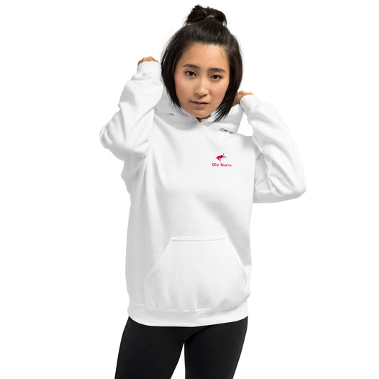 Person wearing a white hoodie with a logo on a white background