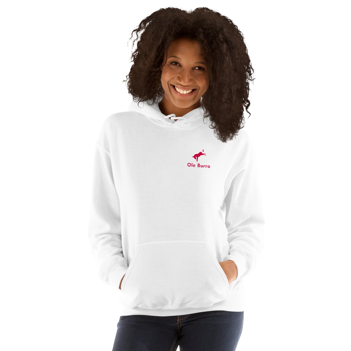 Person wearing a white hoodie with a logo on a white background