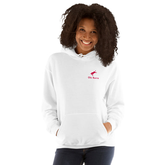 Person wearing a white hoodie with a logo on a white background