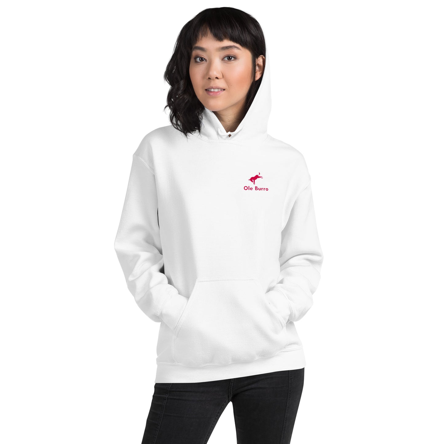 Person wearing a white hoodie with a red logo on a white background