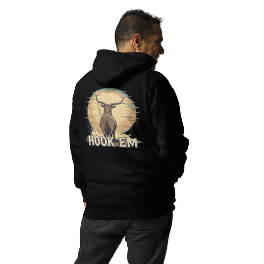 Person wearing a black hoodie with a deer graphic and 'HOOK EM' text on the back.