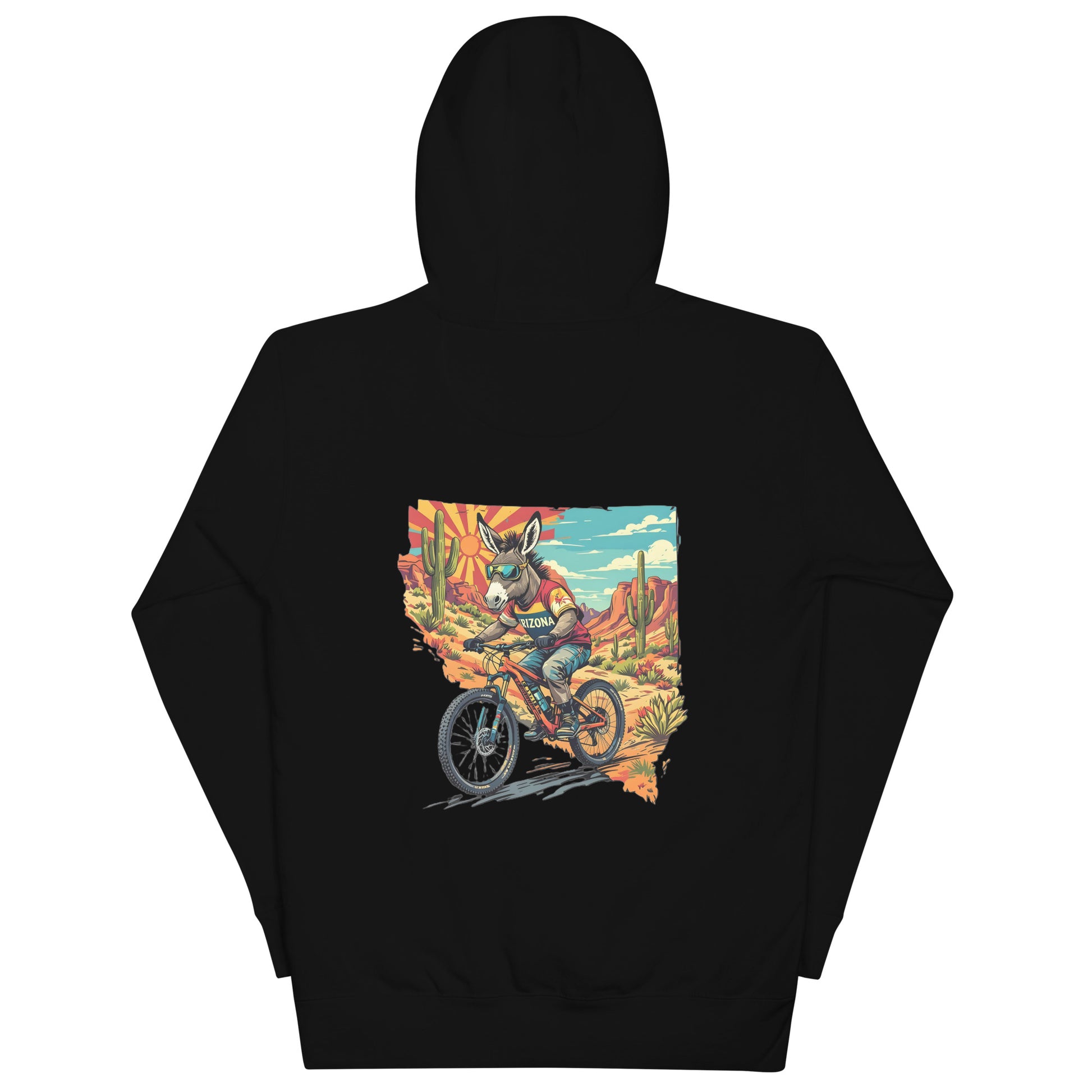 Black hoodie with a colorful graphic of a person on a bike in a desert scene on the back.