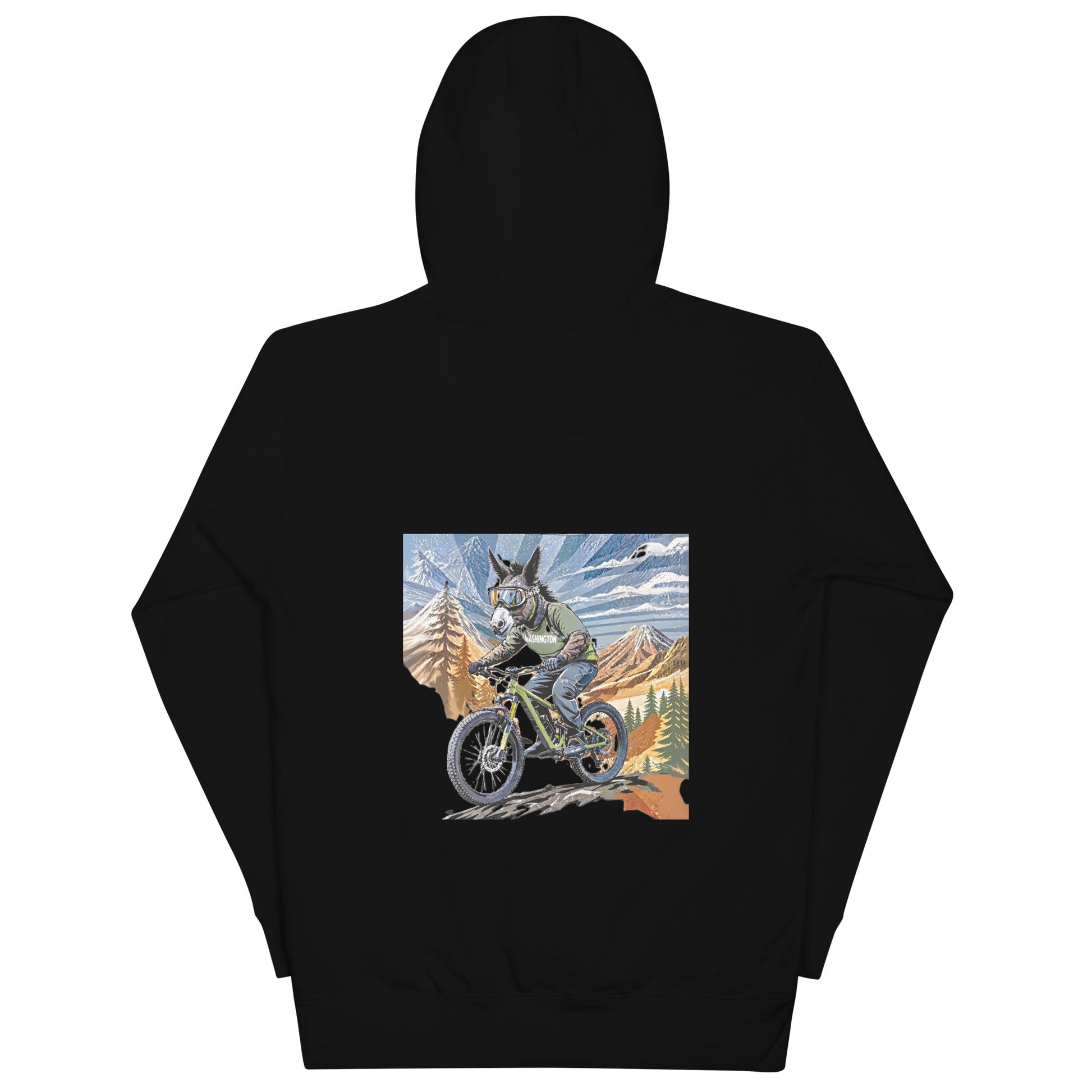 Black hoodie with a graphic of a person riding a bike in a mountainous landscape on the back.