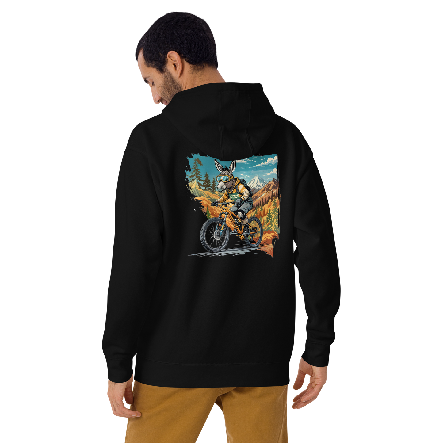 Person wearing a black hoodie with a colorful graphic on the back, standing against a white background