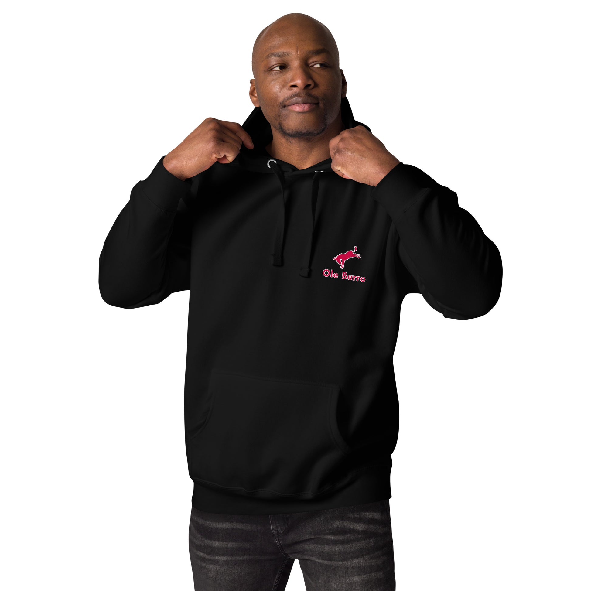 Man wearing a black hoodie with a logo on a white background