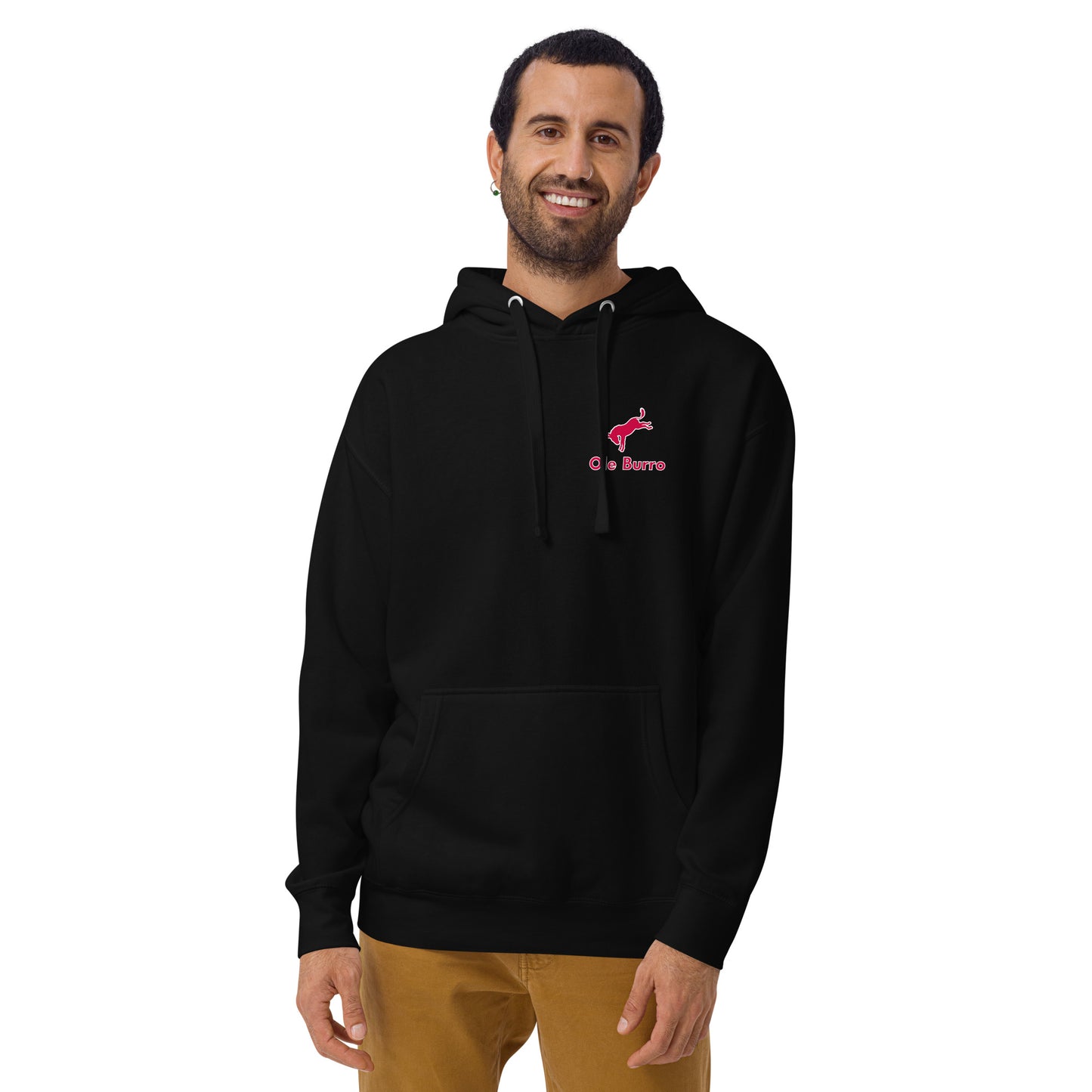 Man wearing a black hoodie with a logo on a white background