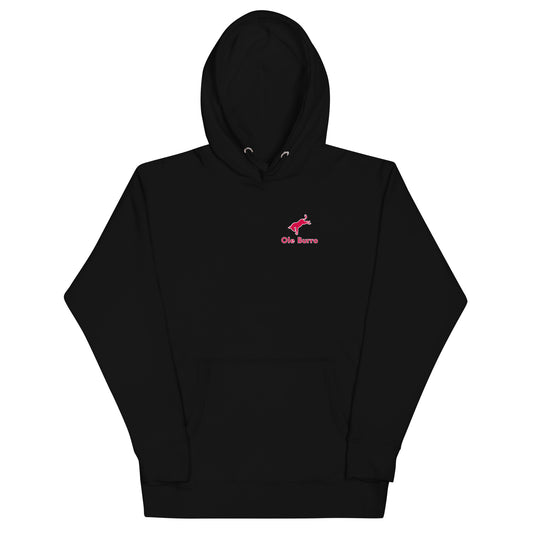 Black hoodie with a pink logo on a white background