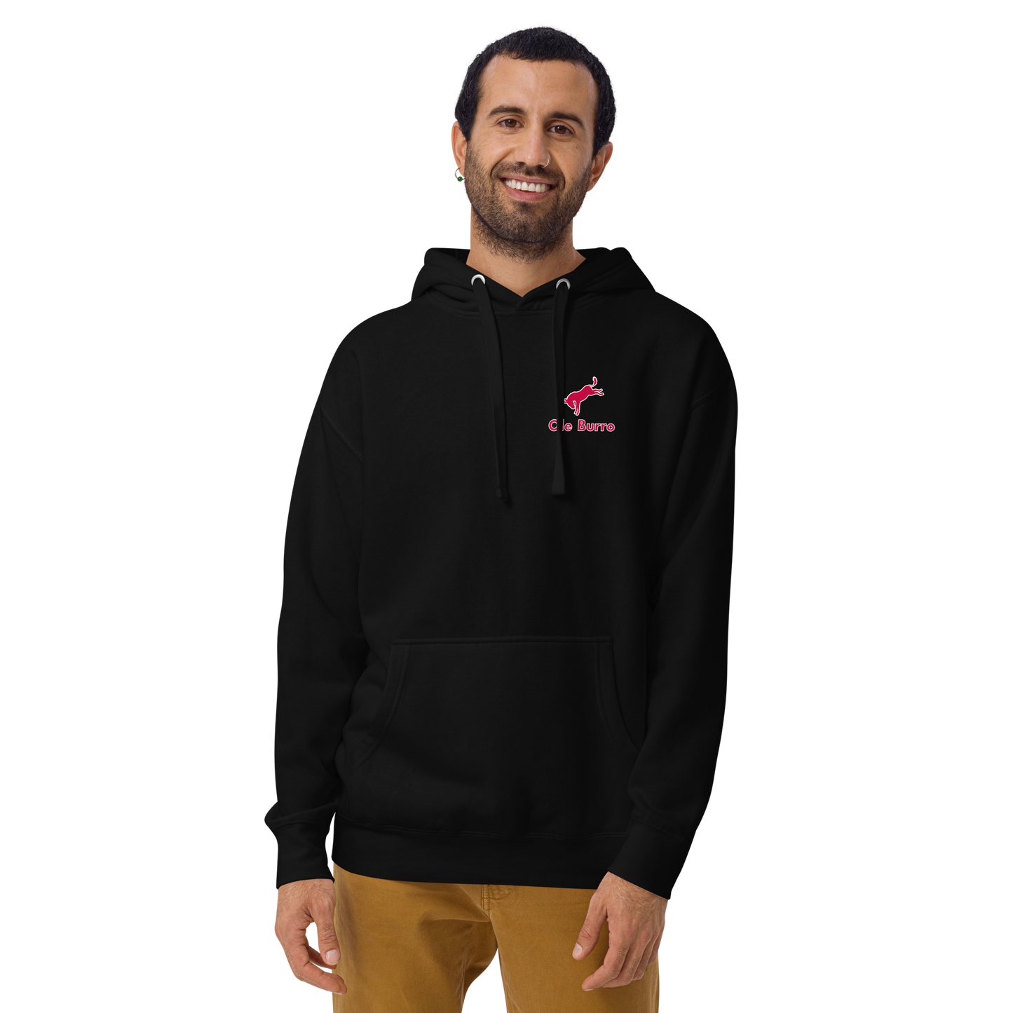 Man wearing a black hoodie with a pink logo on a white background
