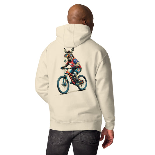 Person wearing a cream hoodie with a graphic of a donkey riding a bicycle on the back, on a white background.