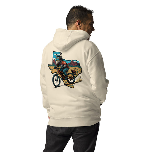 Man wearing a beige hoodie with a colorful graphic on the back, standing against a white background