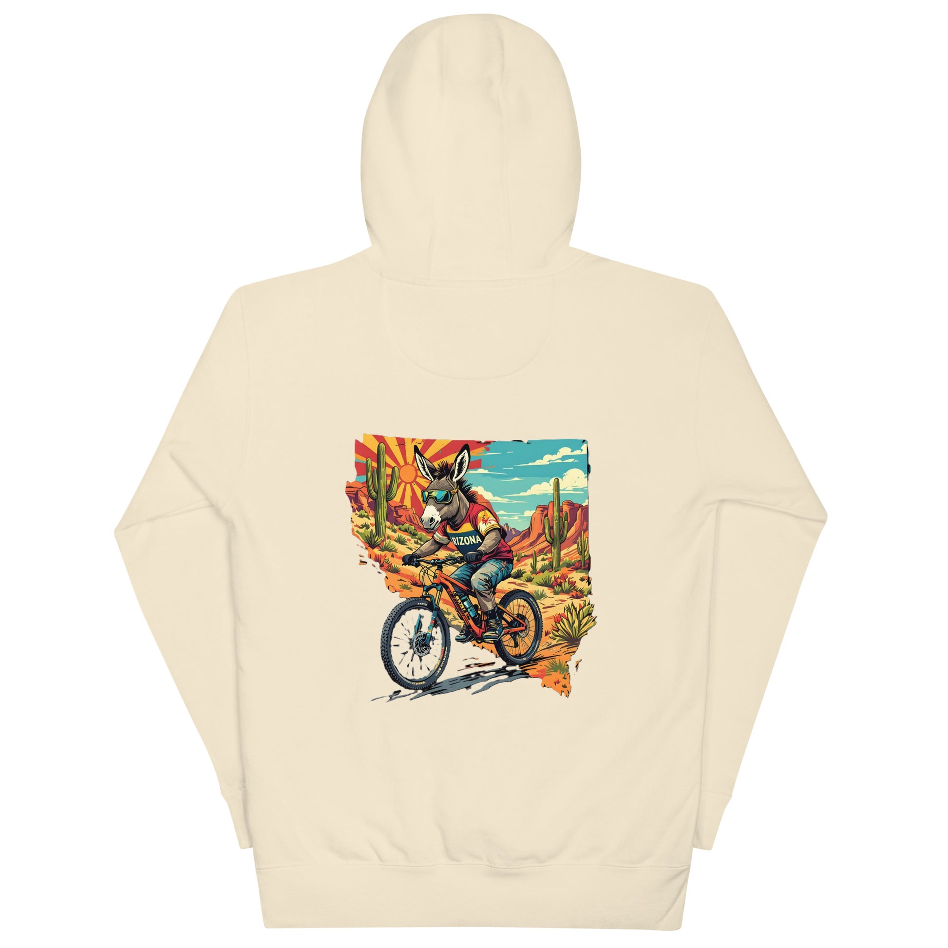 Beige hoodie with a graphic of a donkey on a bike in a desert scene.