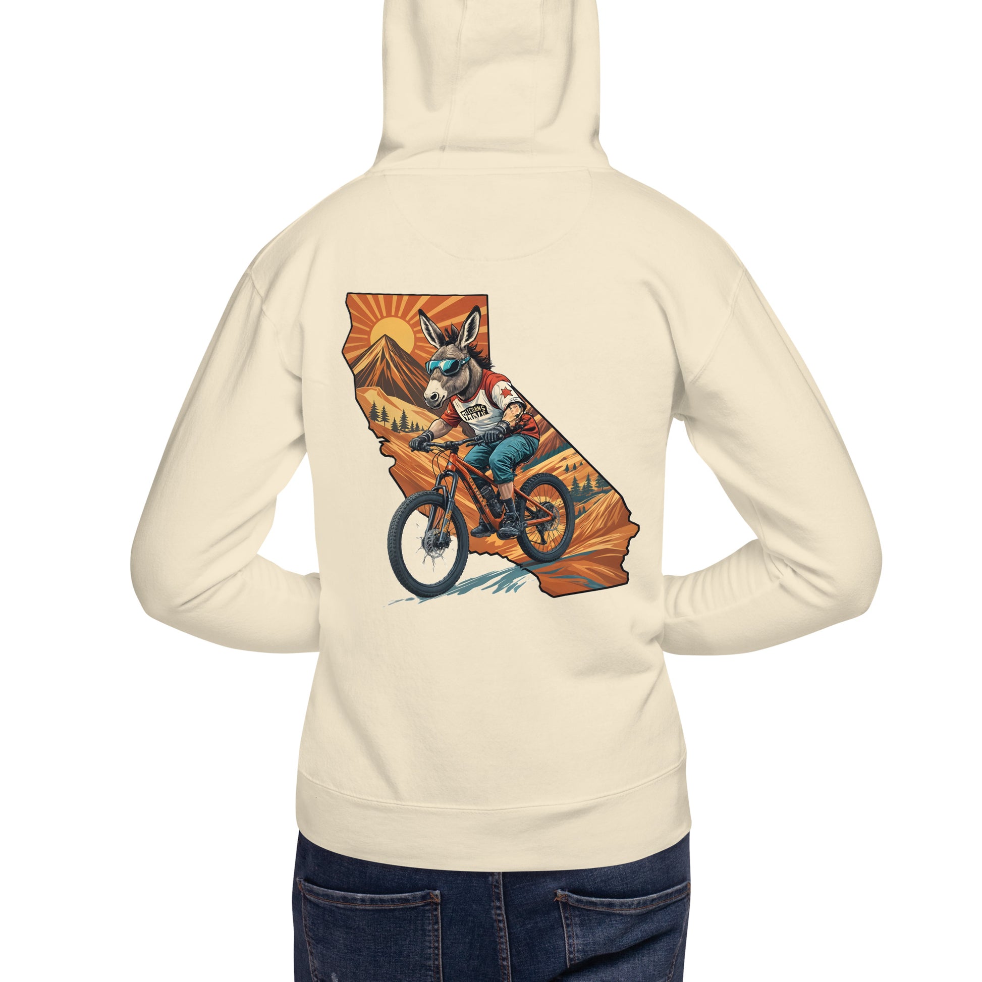 Beige hoodie with a graphic of a bear riding a bike on the back, set against a white background.