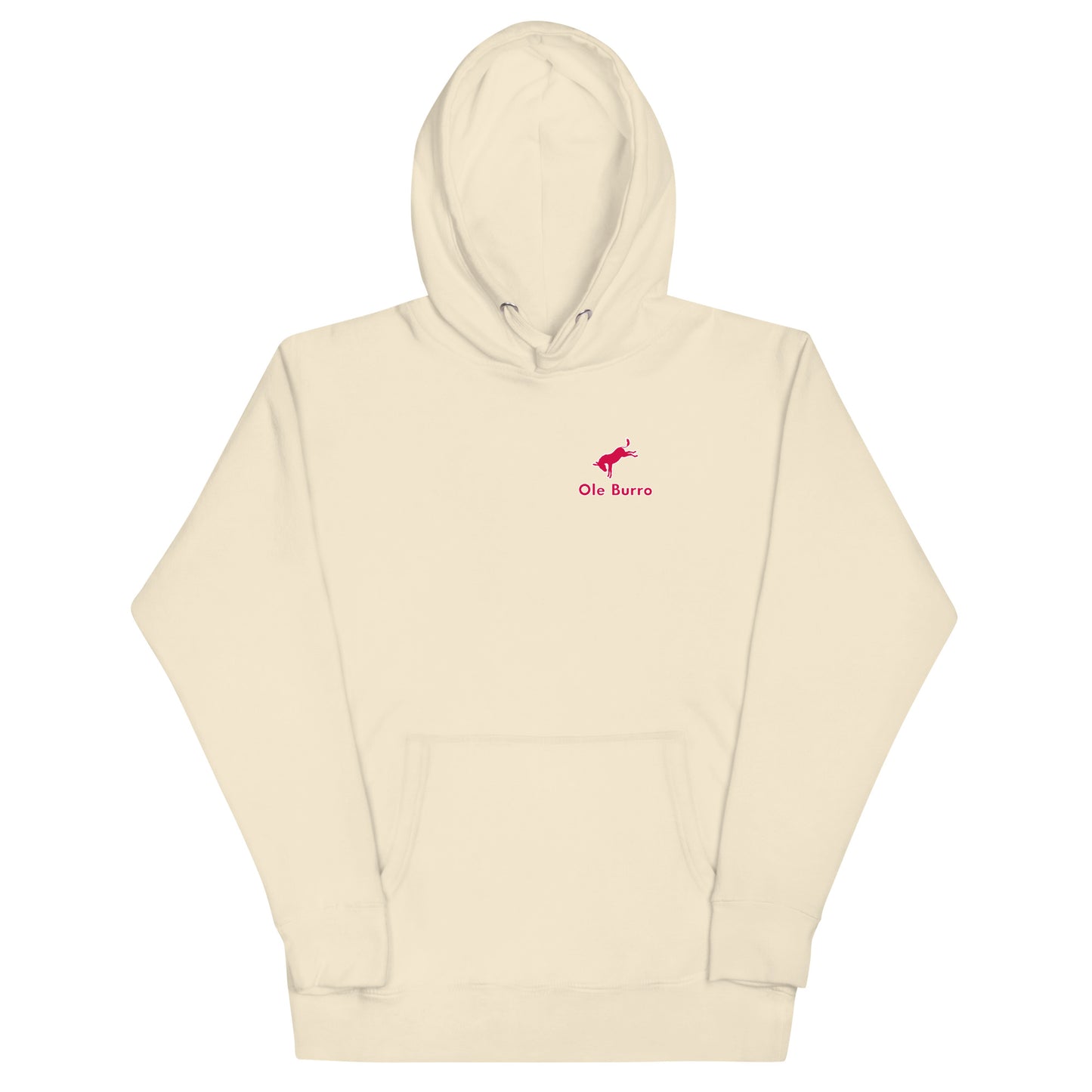 Beige hoodie with a small red logo on a white background