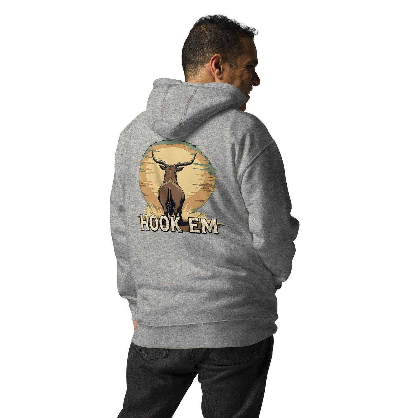 Person wearing a gray hoodie with a 'Hook Em' graphic on the back