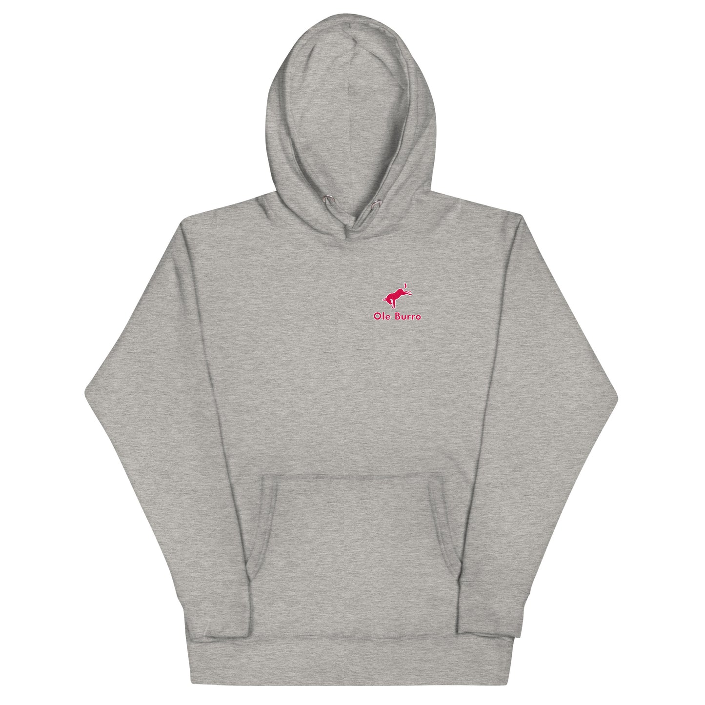 Gray hoodie with a small red logo on a white background