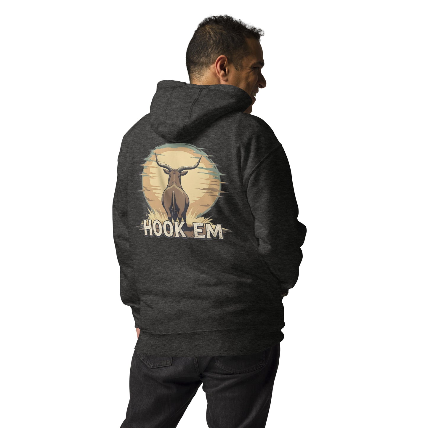 Person wearing a dark hoodie with a 'Hook Em' design on the back, standing against a white background.